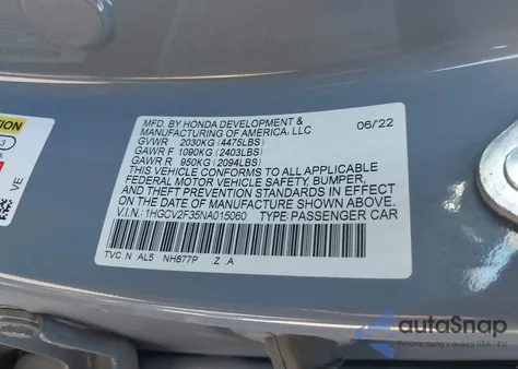 2022 Honda Accord Sport 2.0T from USA, damaged, VIN 1HGCV2F35NA015060